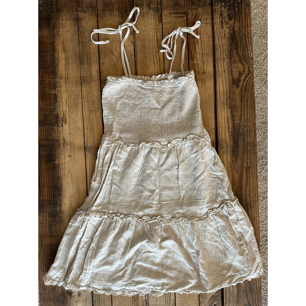 Wild Fable Womens Smocked Tiered Mini Dress Linen Blend Tie Strap Beige Small
